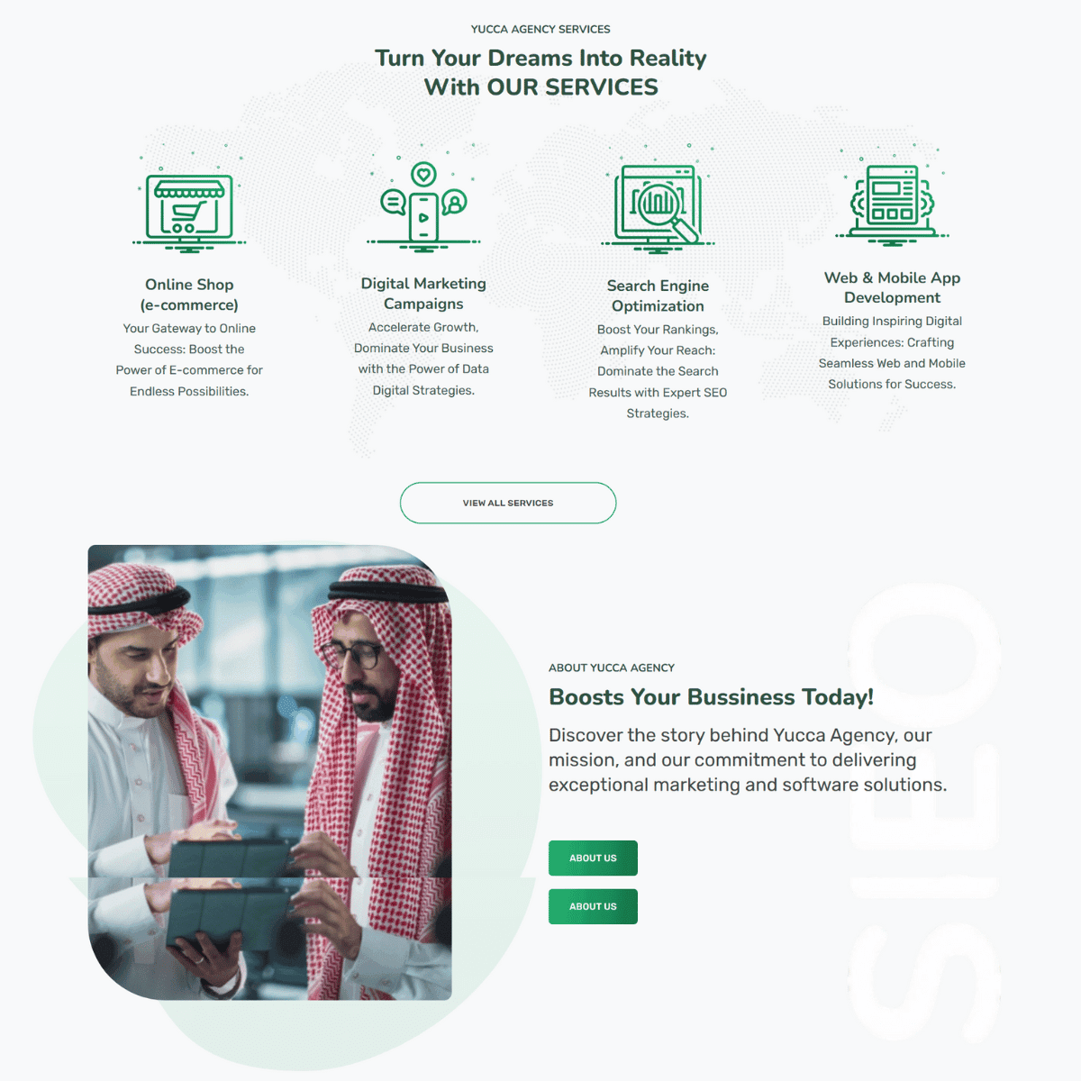 Yucca Agency website about page with service icons
