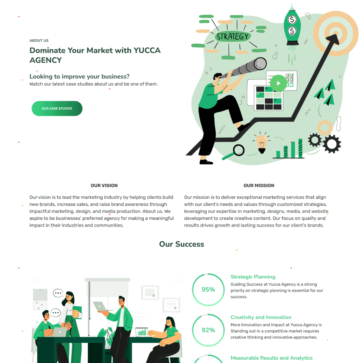 Yucca Agency marketing service page with green growth illustrations