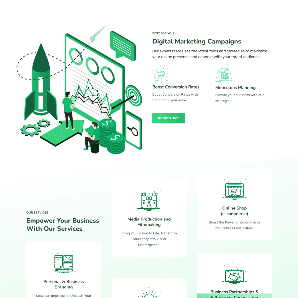 Yucca Agency service page with a rocket illustration and feature icons