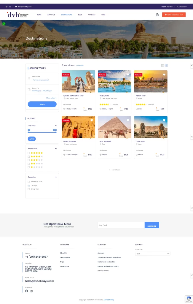 DV Holidays tour listing page: Pyramids hero, search filters and tour cards