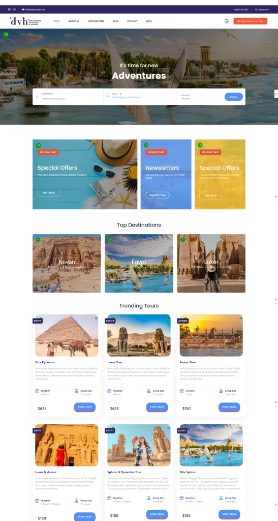 DV Holidays home page: adventure hero, offers, top destinations and trending Egypt tours