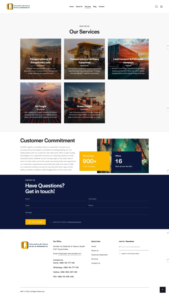 Naqel Almusanada services page: transport and freight service cards