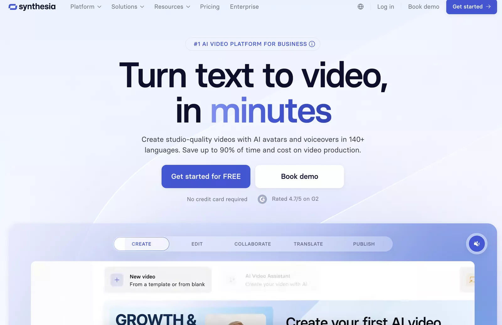 Synthesia homepage: turn text into video